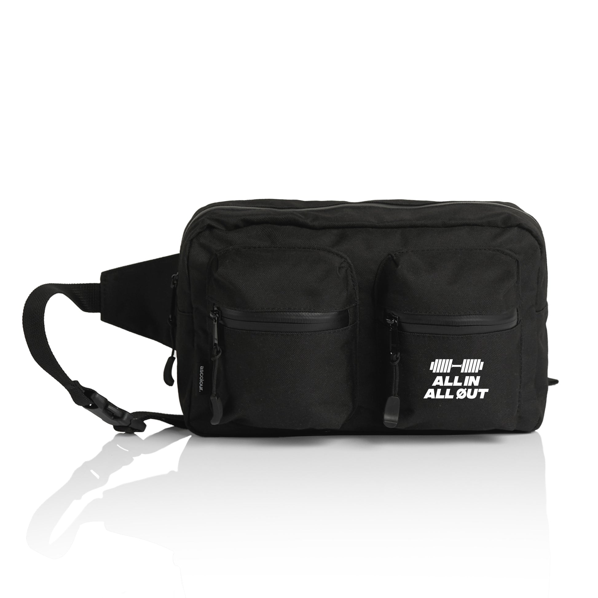 Black waist bag with 'All In All Out' logo on a white background