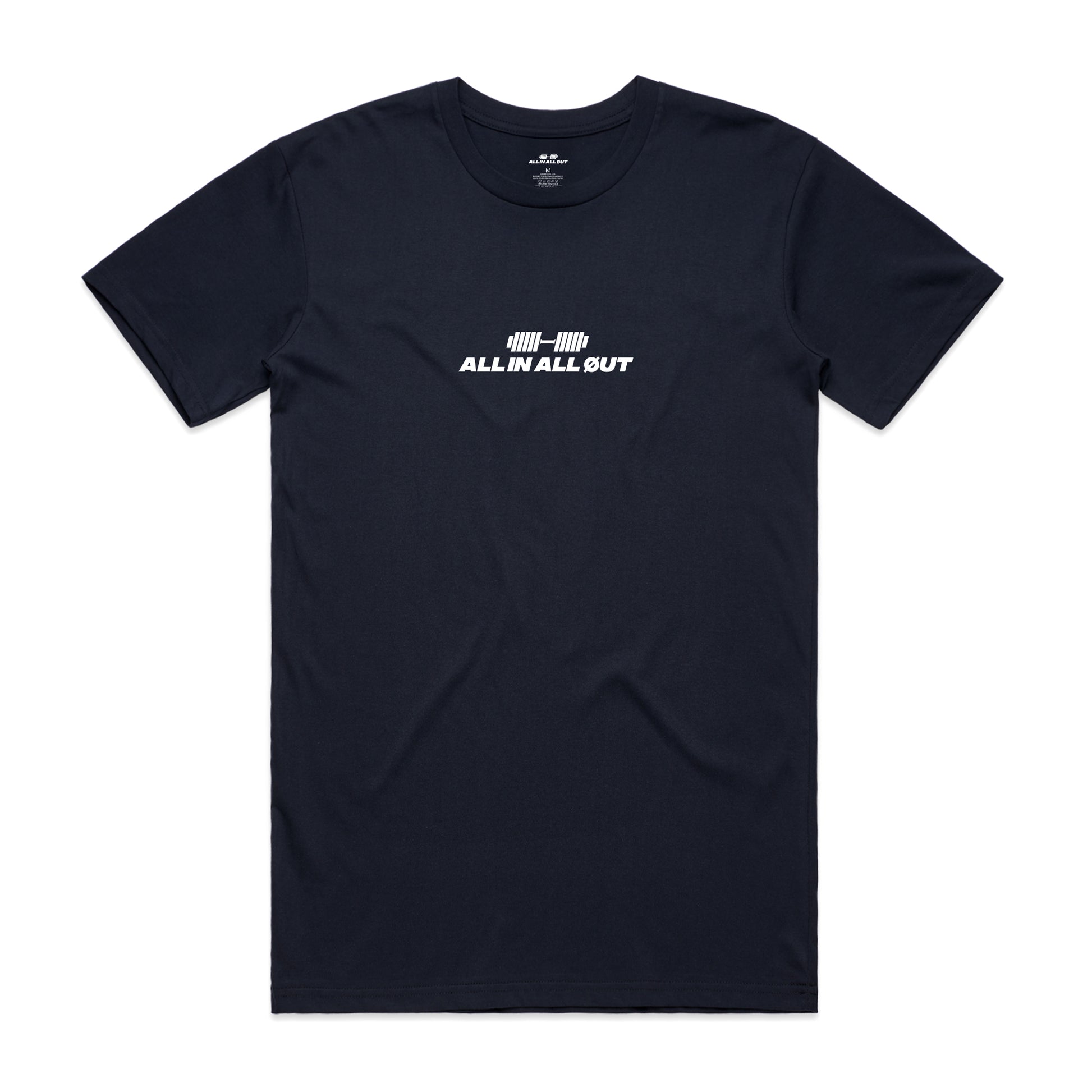 Navy t-shirt with 'ALL IN ALL OUT' text on a white background