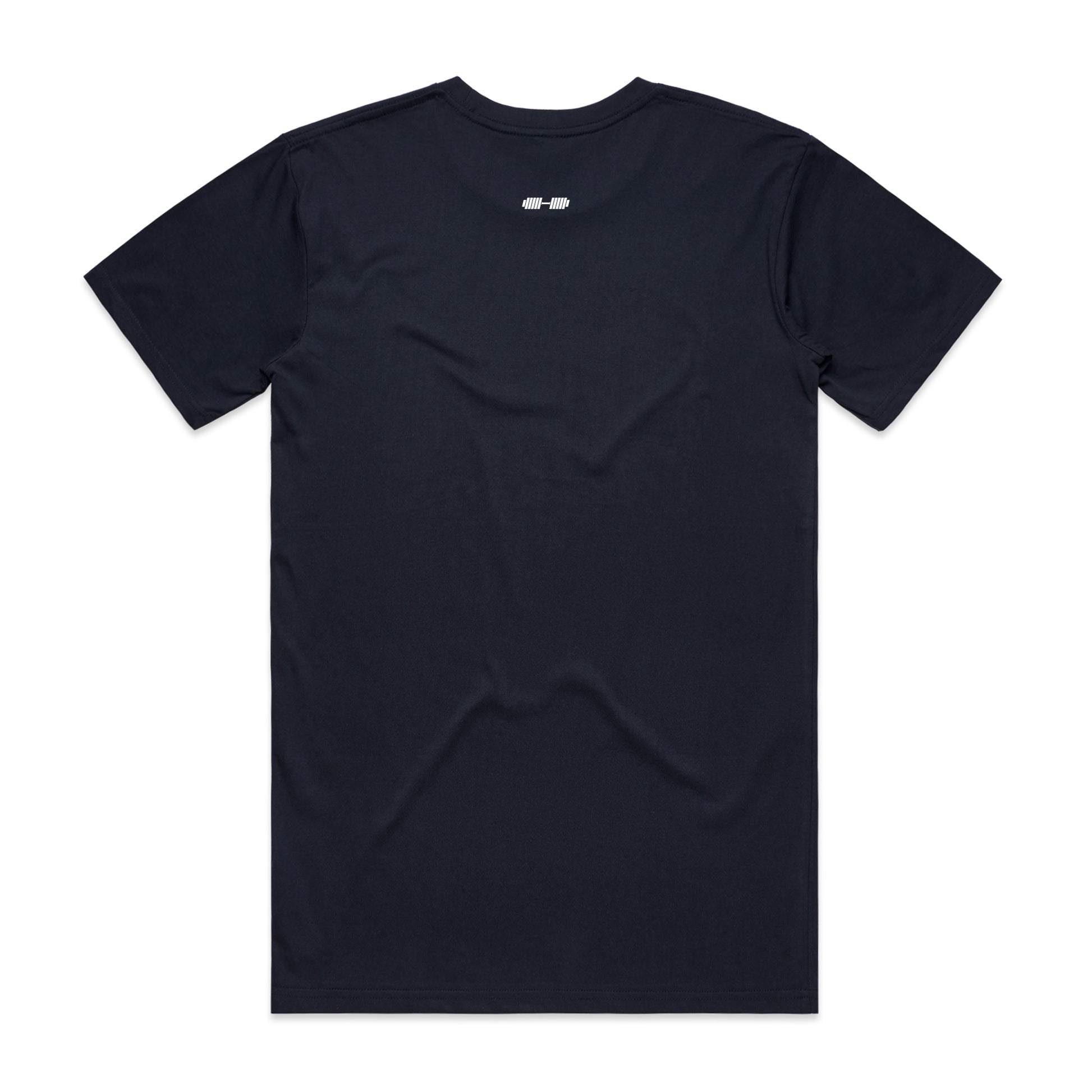 Navy t-shirt with a small white logo on a white background
