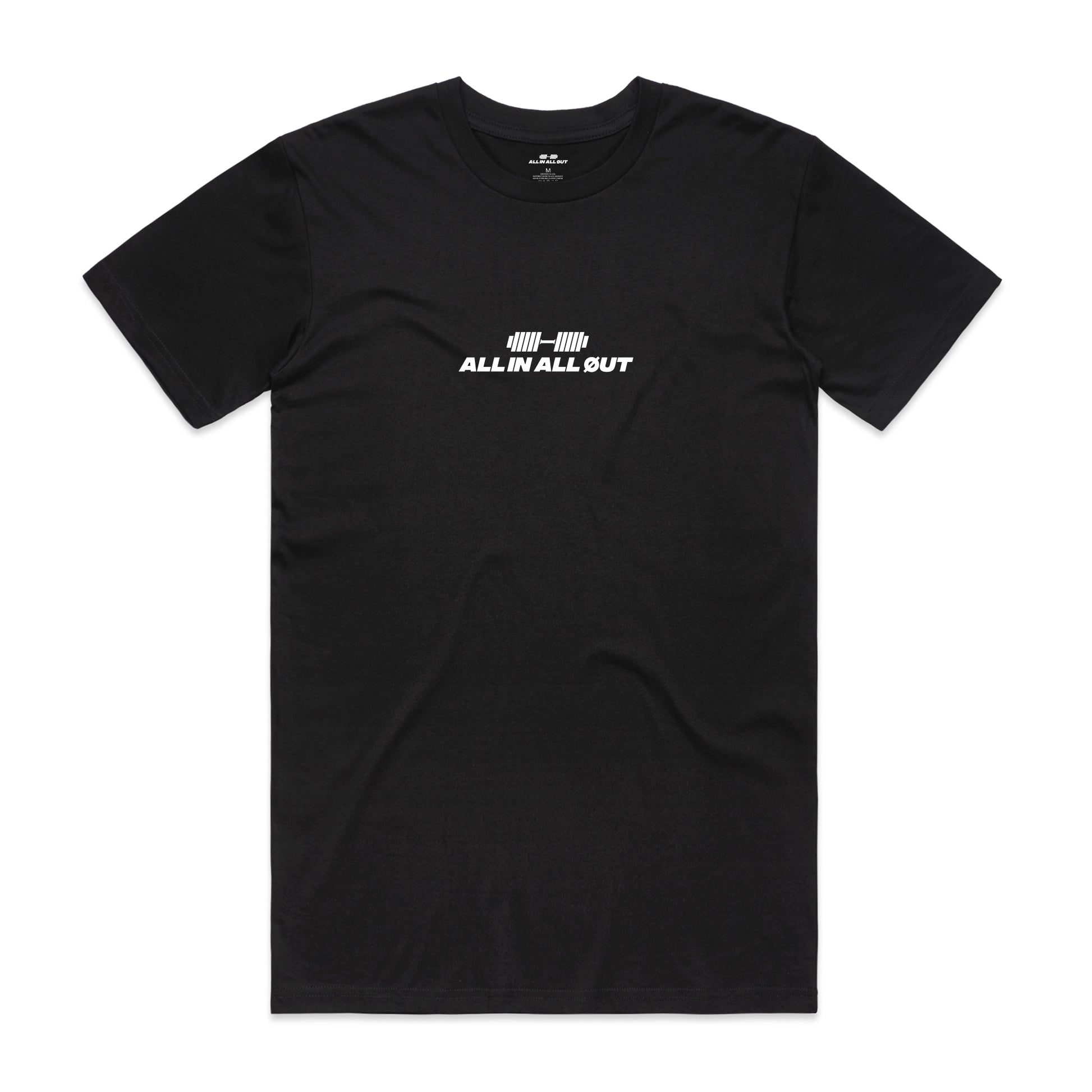 Black t-shirt with 'ALL IN ALL OUT' text on a white background