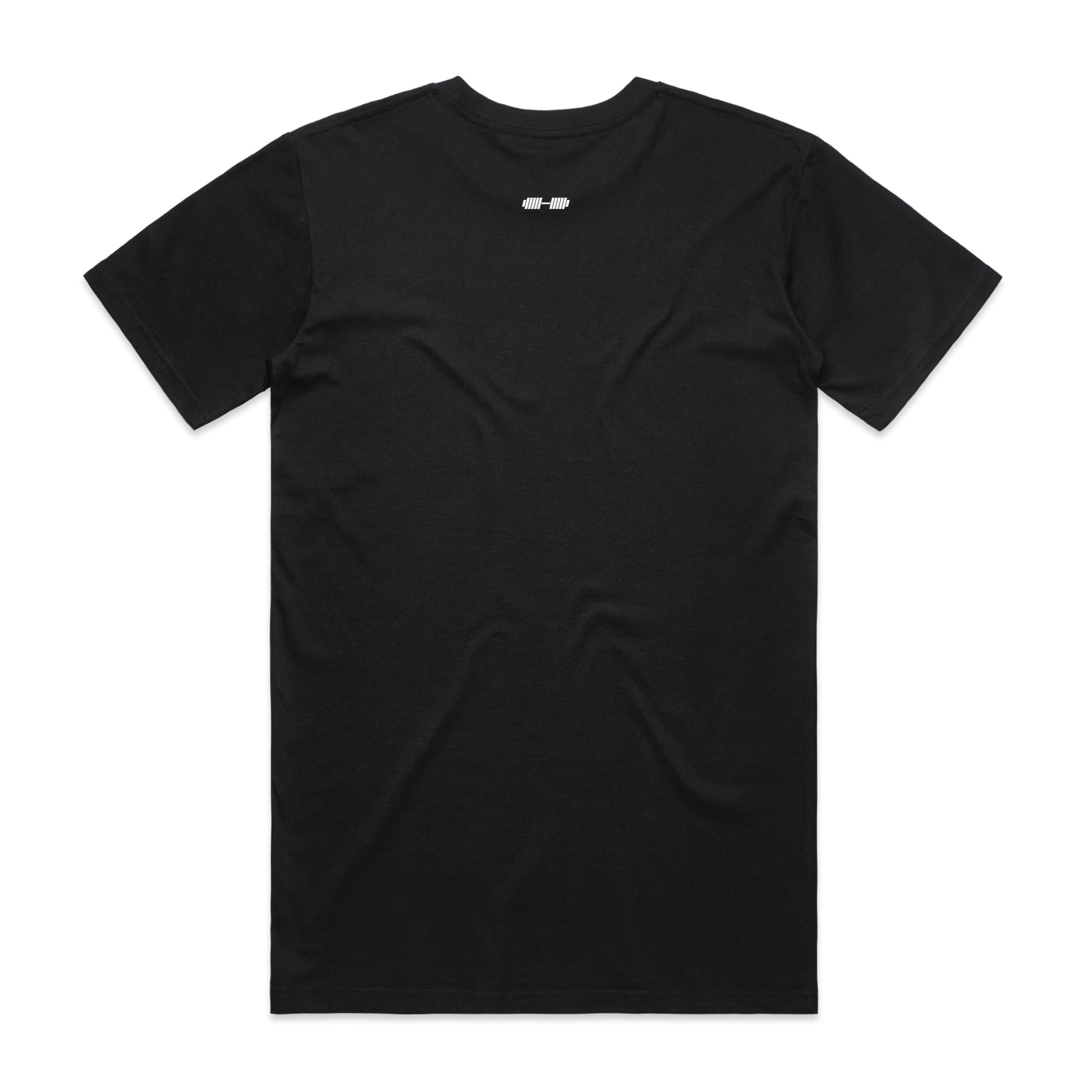Black t-shirt with a logo on the chest against a white background
