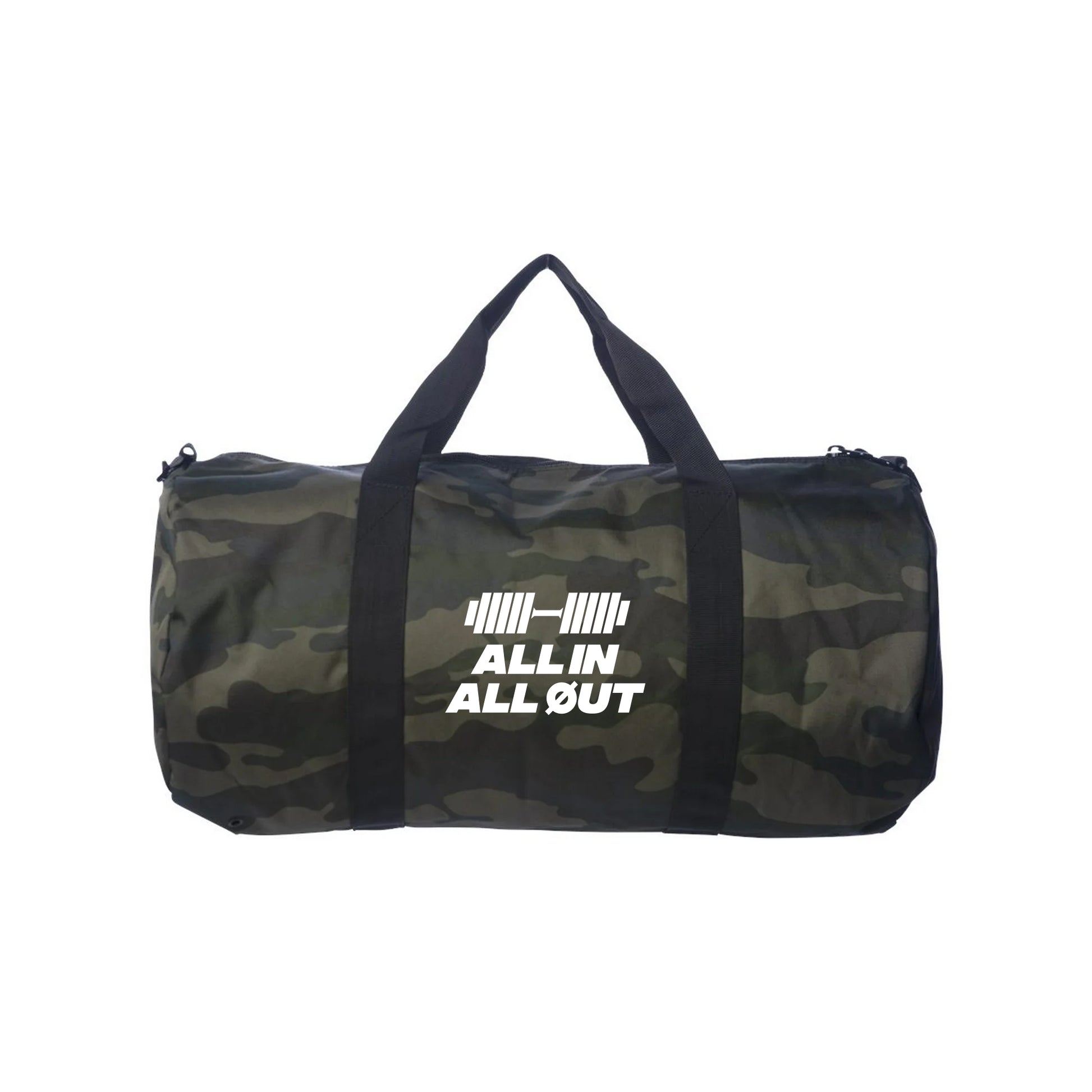 Camouflage duffel bag with 'All In All Out' text on a white background