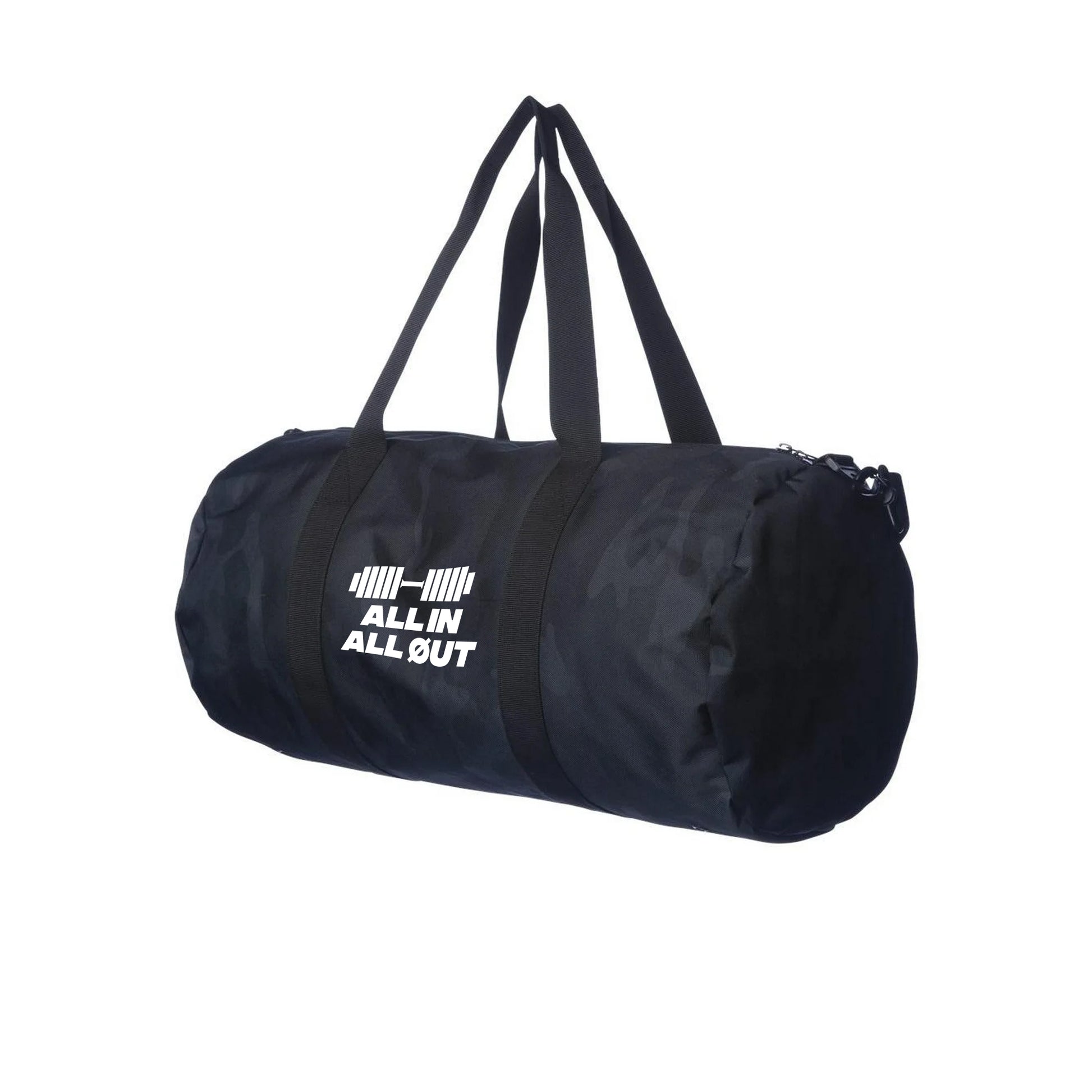 Black duffel bag with 'All In All Out' text on a white background