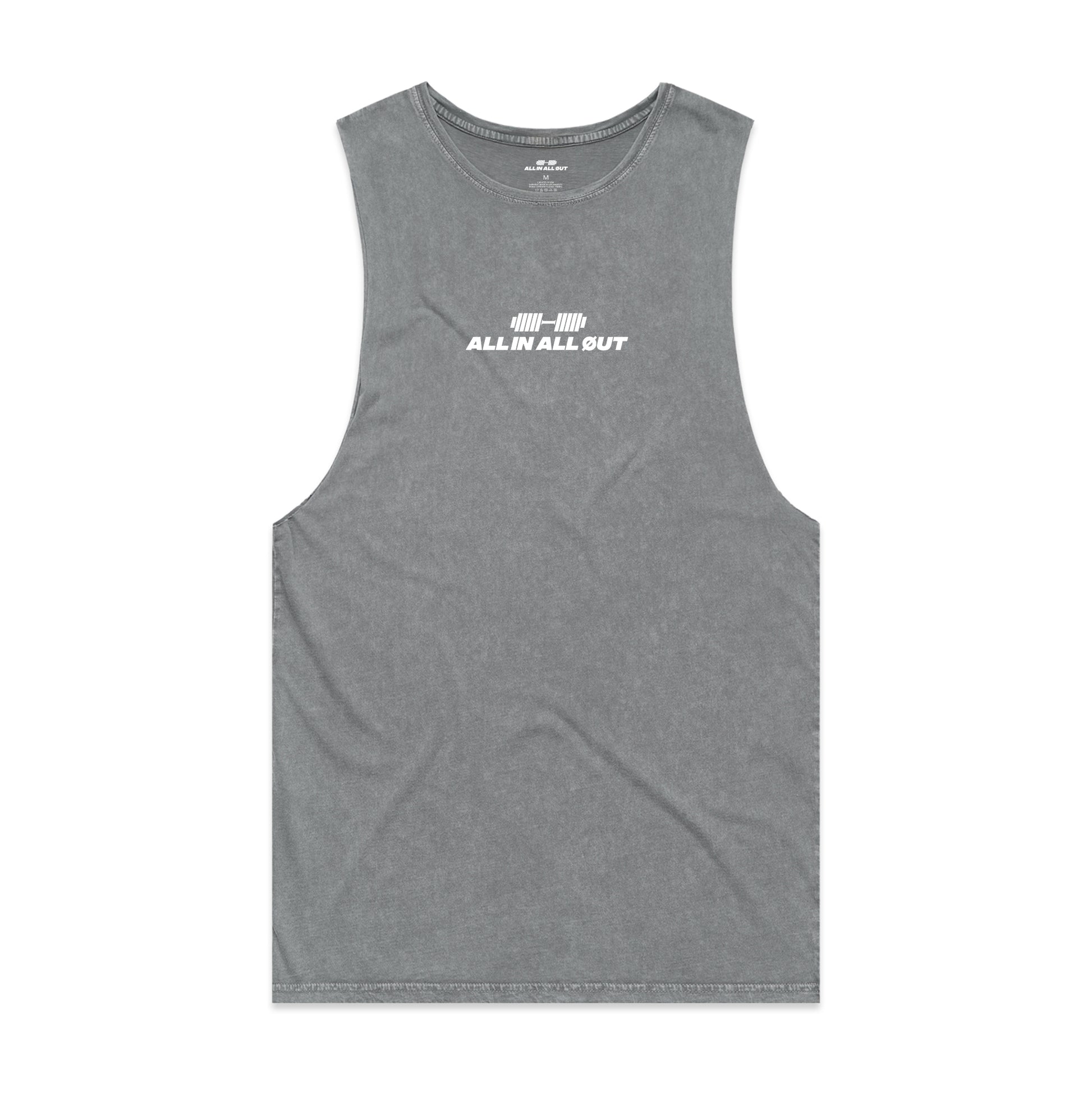 Gray tank top with a logo and text on a white background