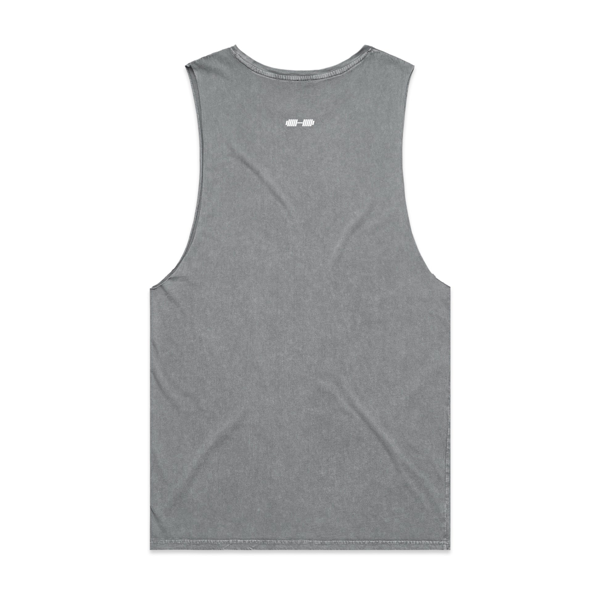 Gray tank top with a brand logo on the back against a white background