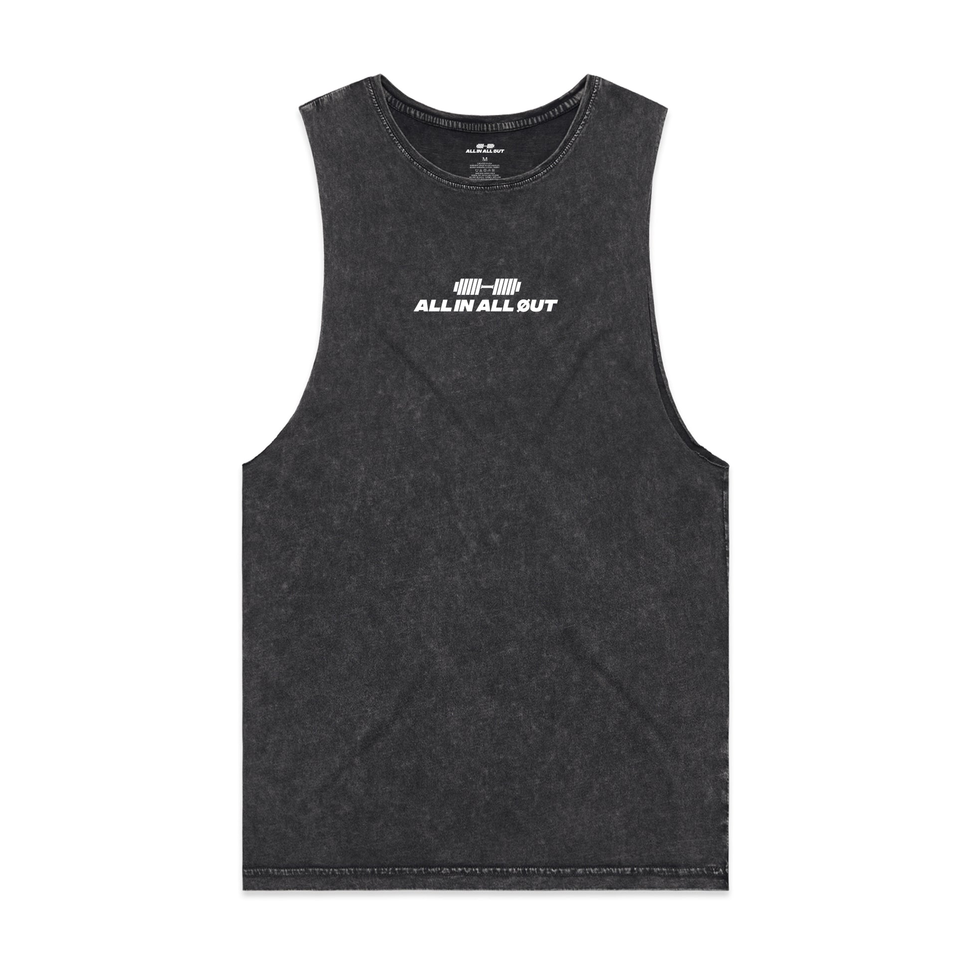 Black tank top with white logo on a white background