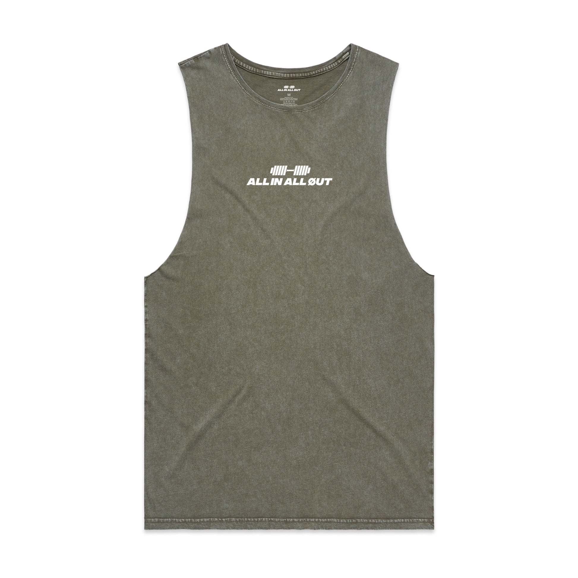 Gray tank top with white logo on a white background