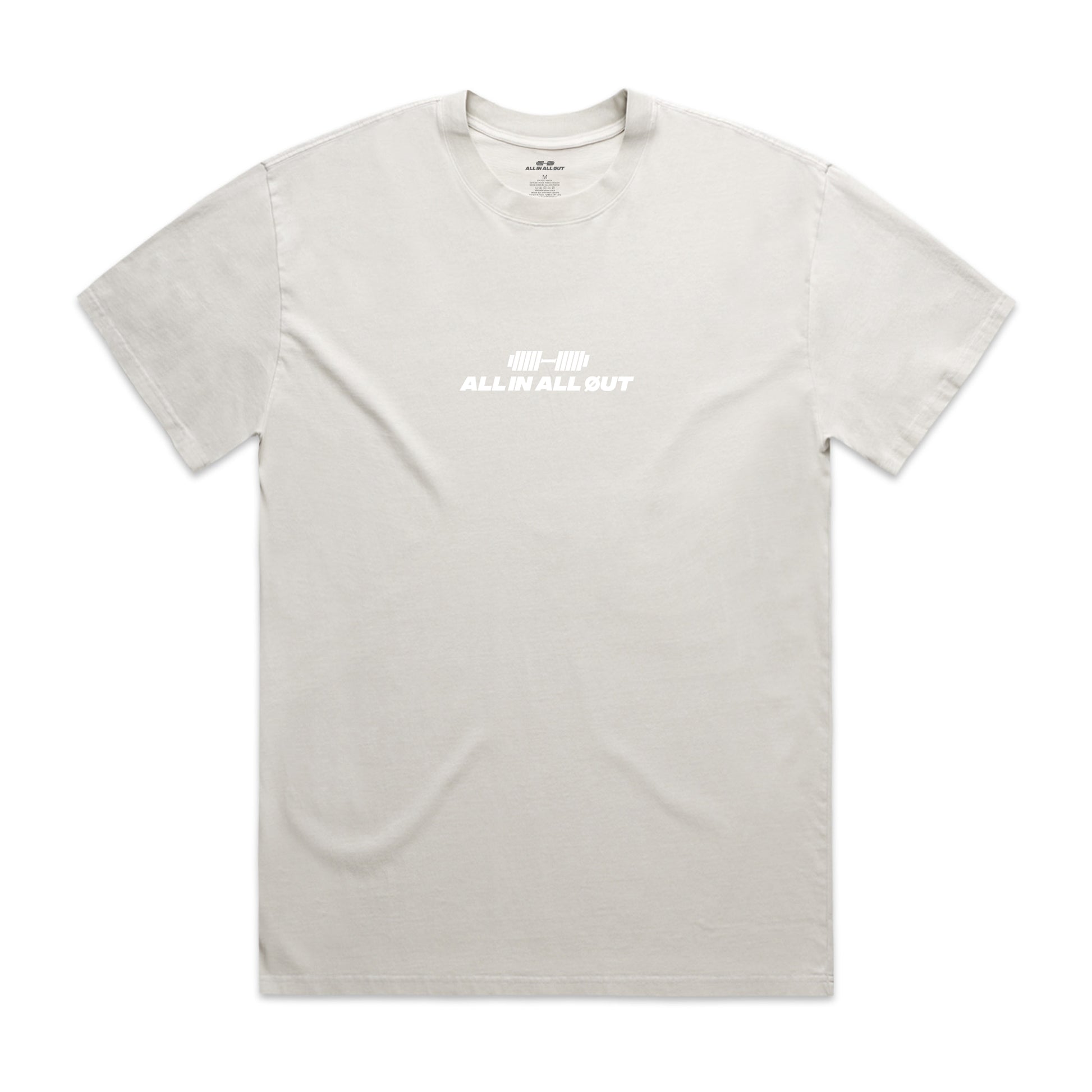 White t-shirt with 'All In All Out' text on a white background