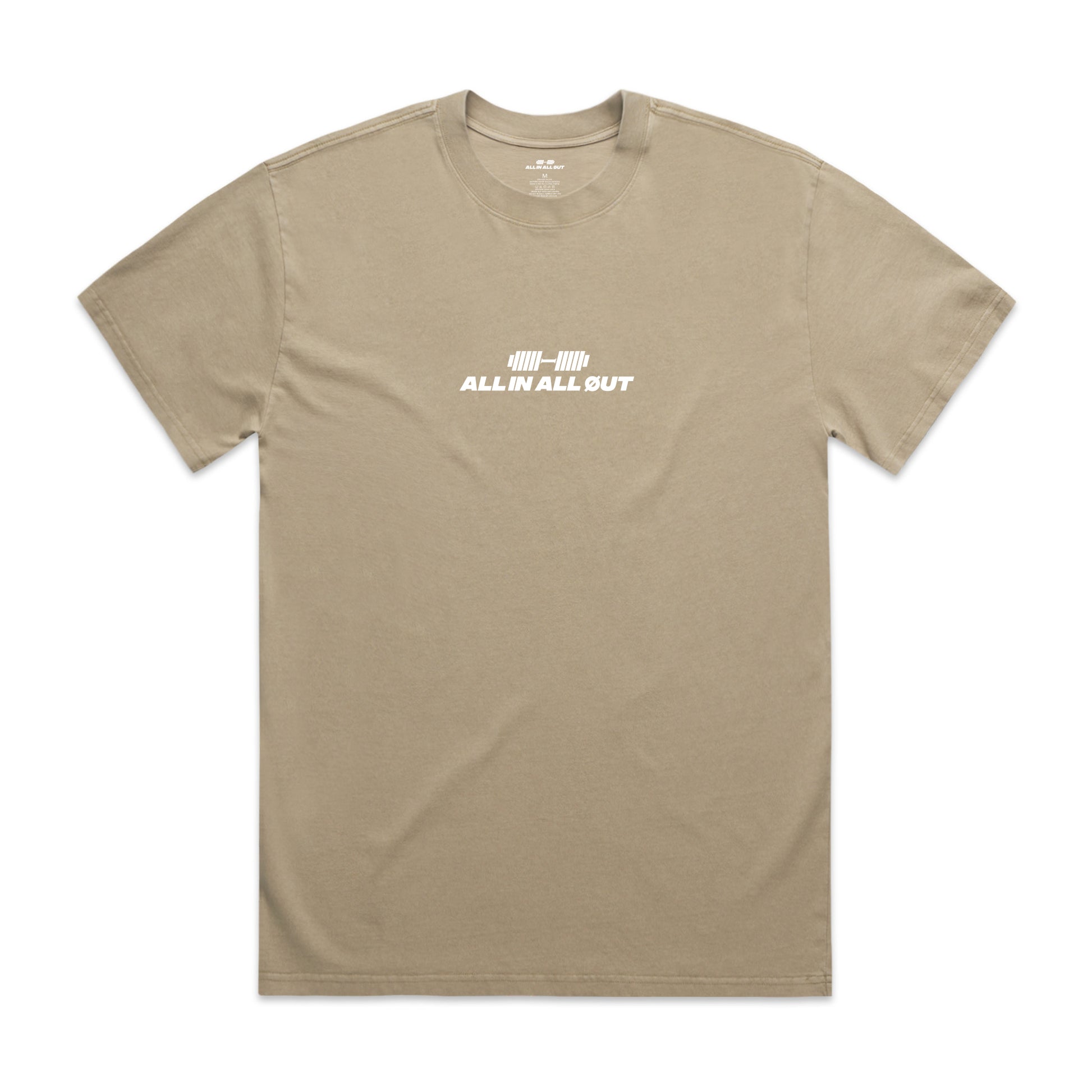 Beige t-shirt with 'All In All Out' text on a white background