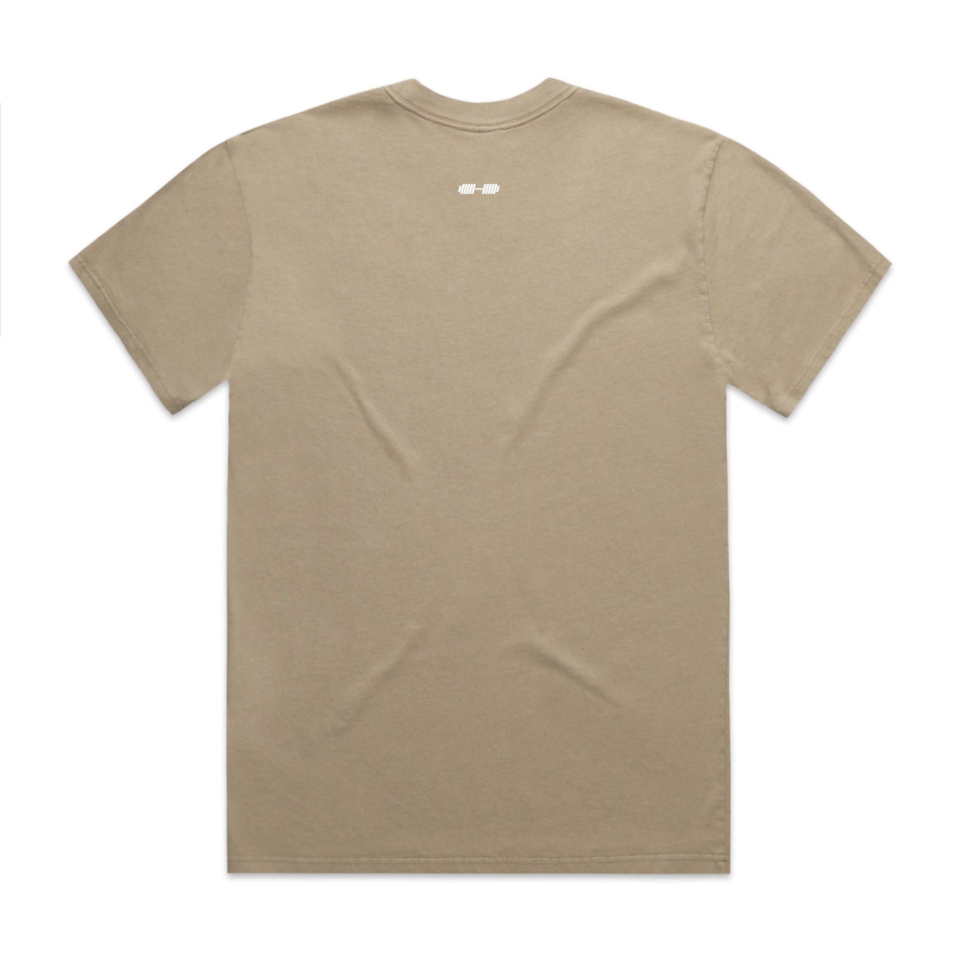 Beige t-shirt with a small logo on the back against a white background