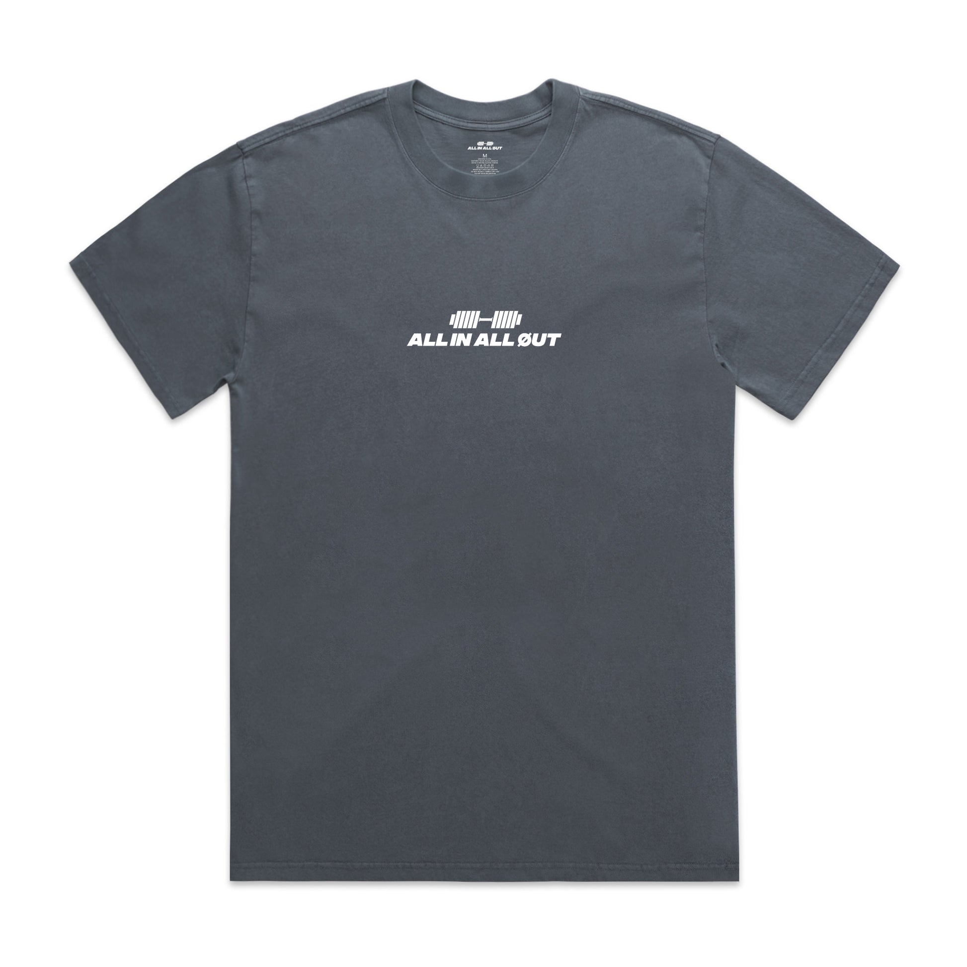 Blue t-shirt with 'All In All Out' logo on a white background