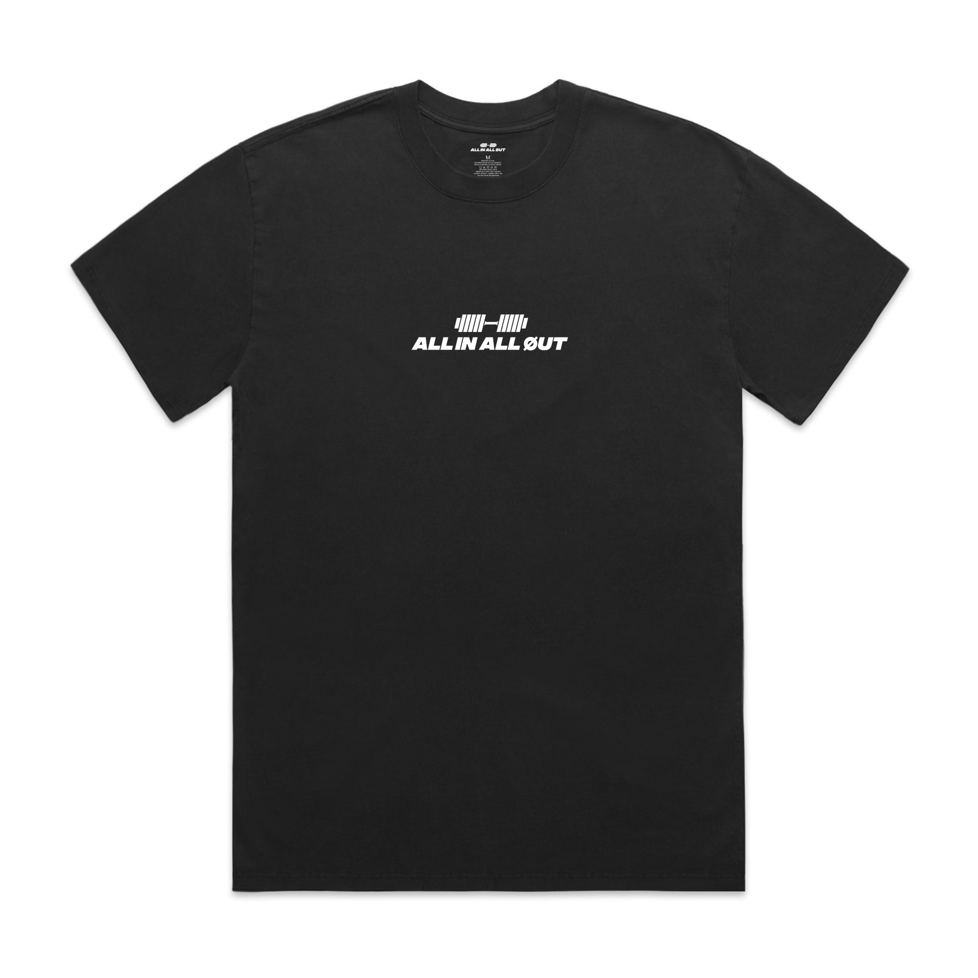 Black t-shirt with 'ALL IN ALL OUT' text on a white background