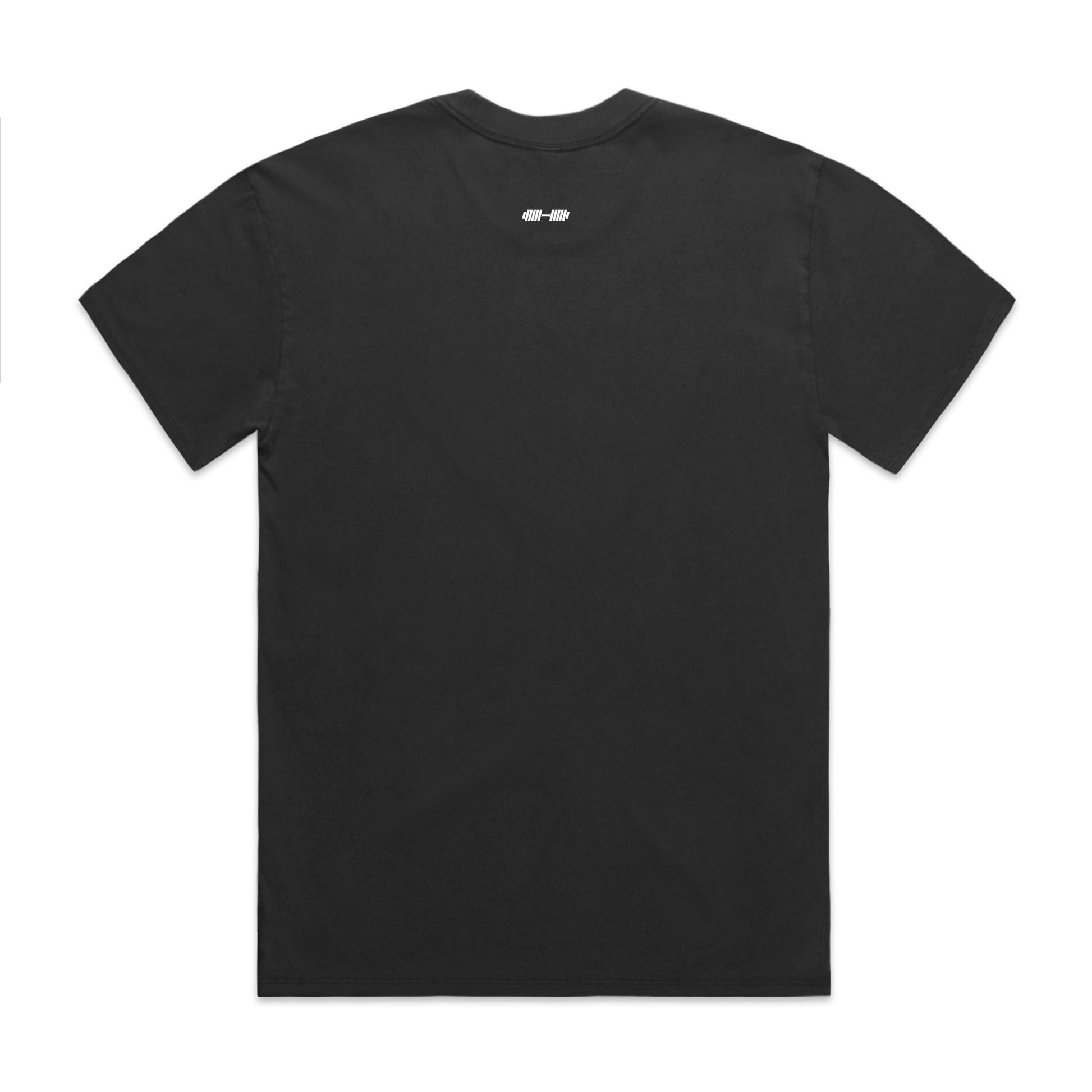 Black t-shirt with a small logo on the back against a white background