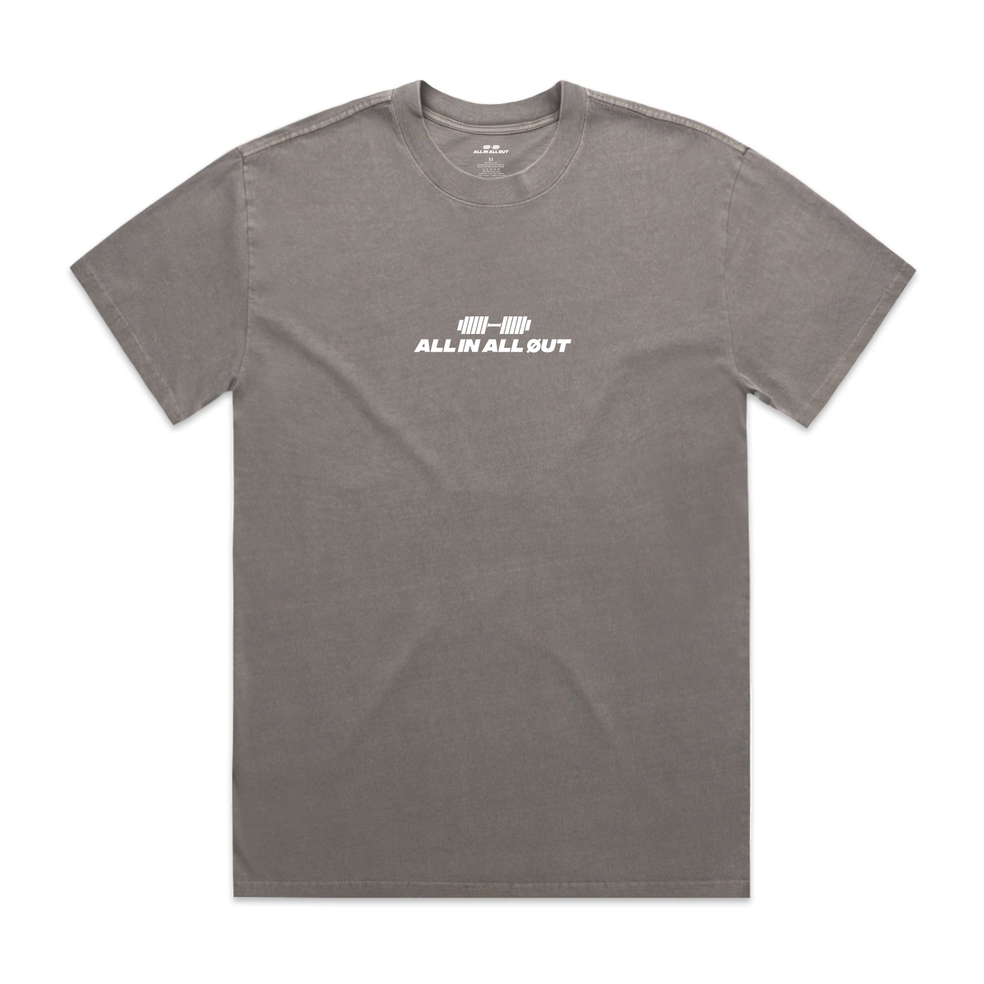 Gray t-shirt with 'ALL IN ALL OUT' text on a white background