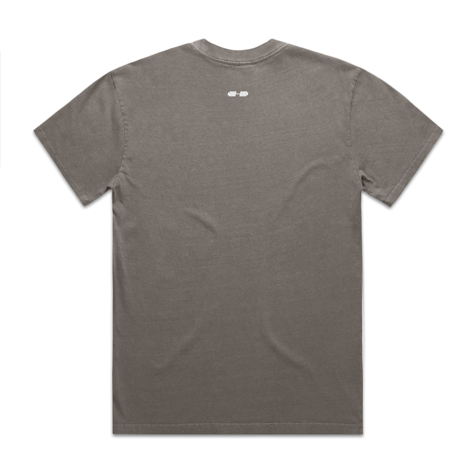 Gray t-shirt with a small logo on the back against a white background