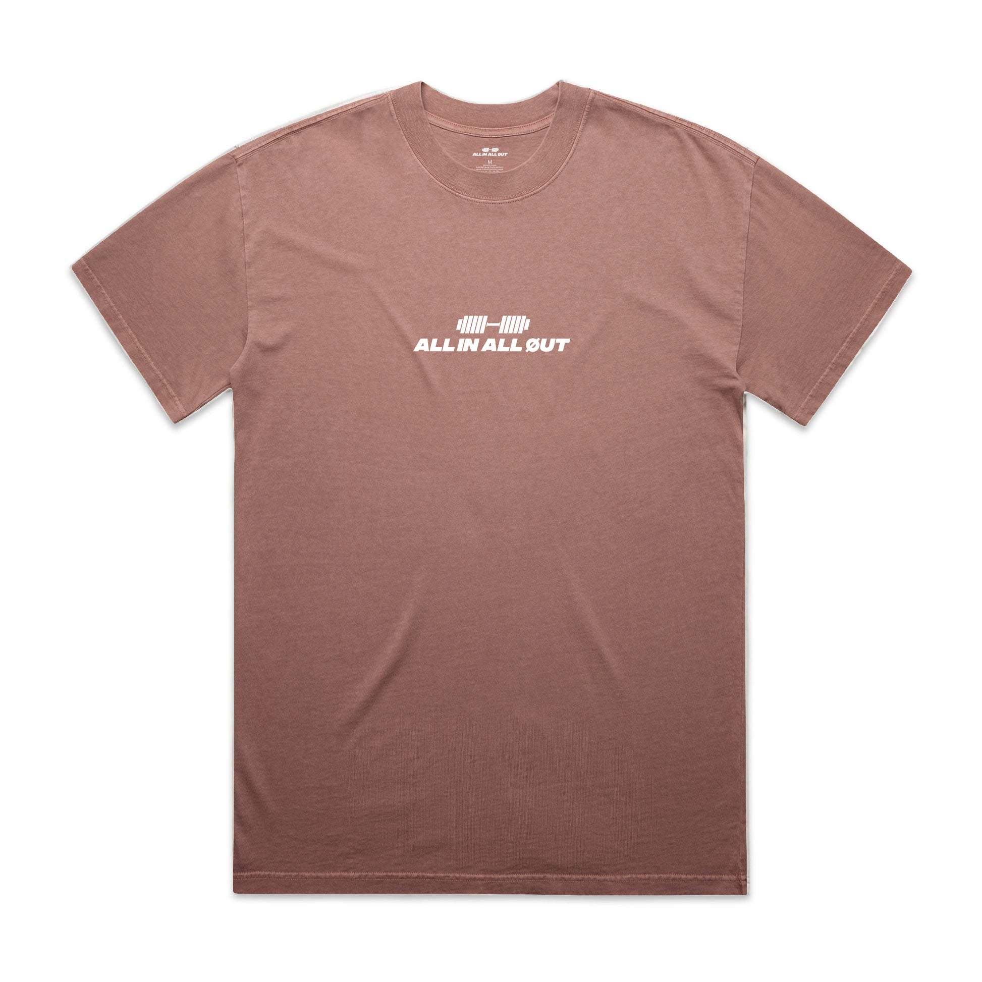 Peach t-shirt with 'All In All Out' logo on a white background
