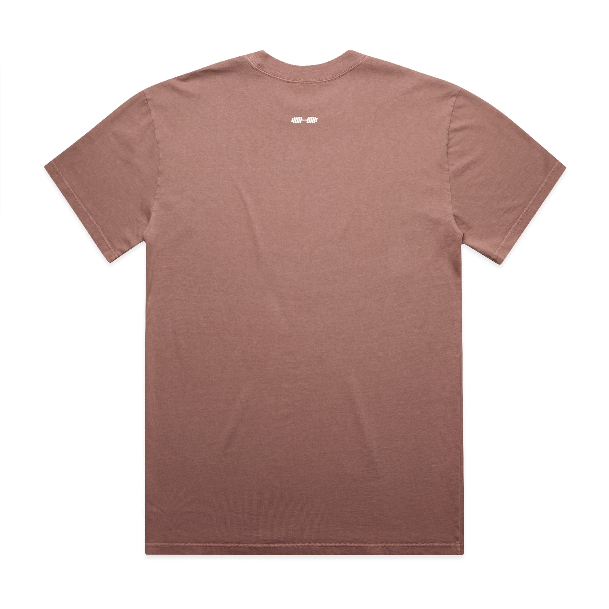 Peach t-shirt with a small logo on the back against a white background