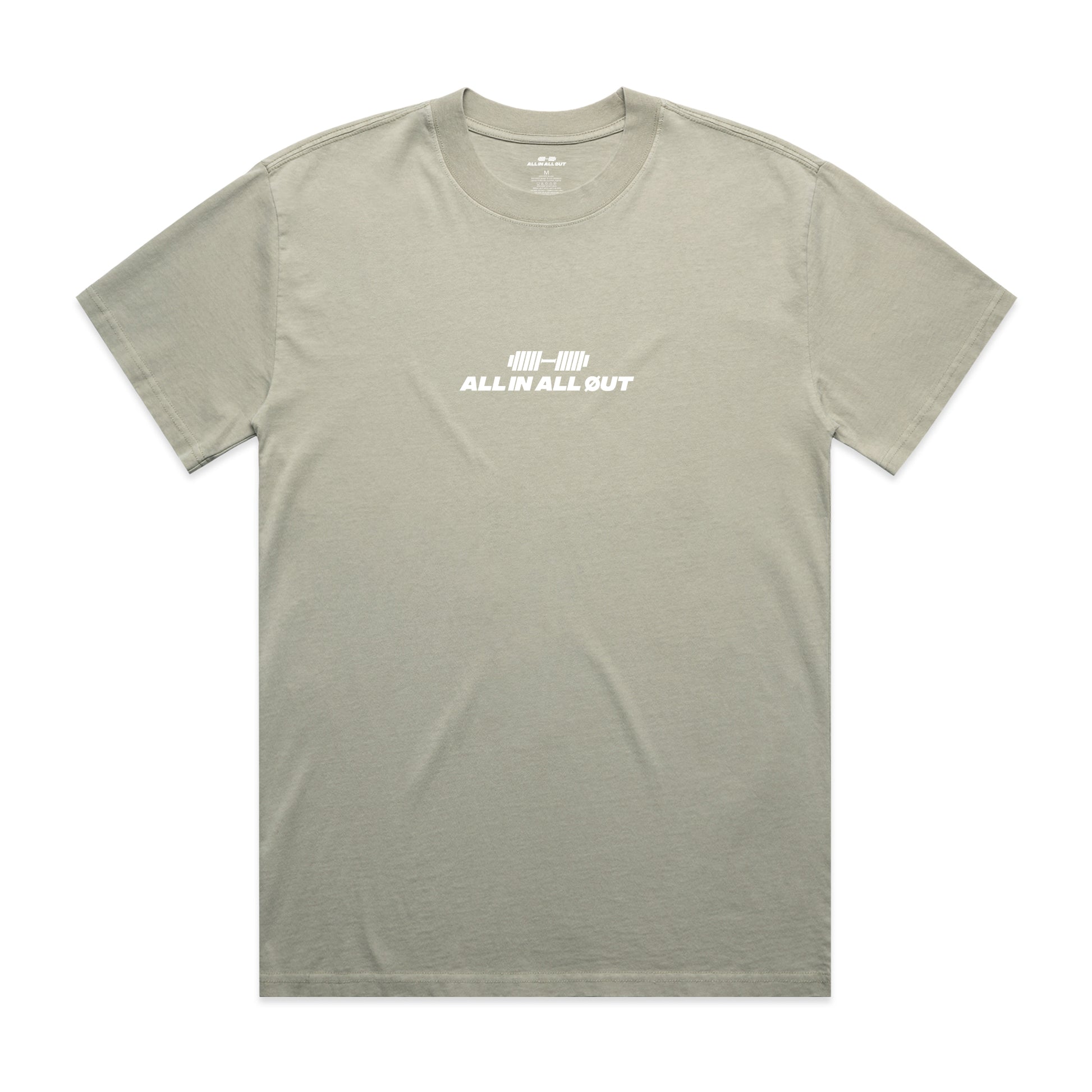 Sage t-shirt with 'All In All Out' text on a white background