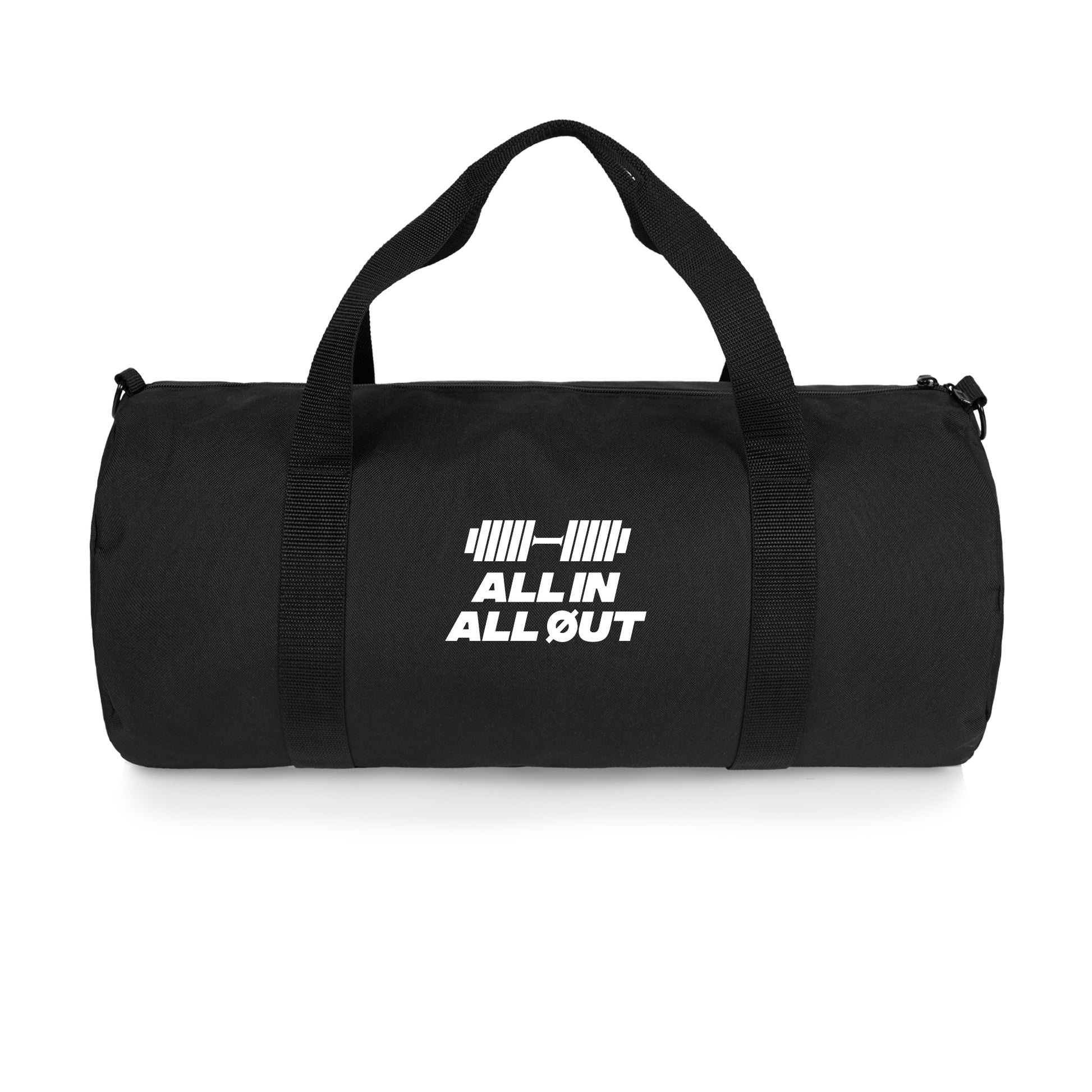 Black duffel bag with 'ALL IN ALL OUT' text on a white background