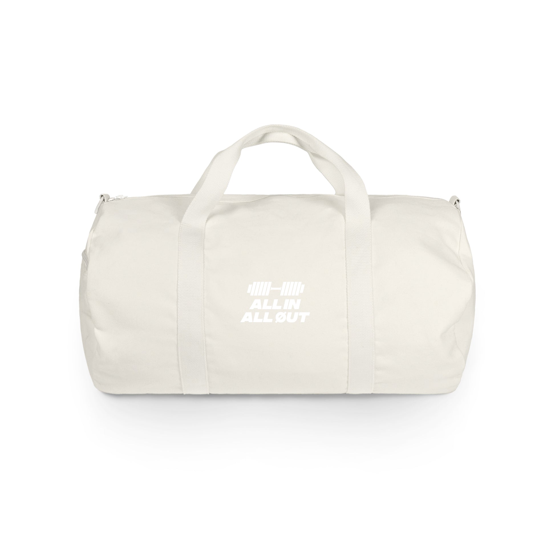 White duffel bag with text on a white background