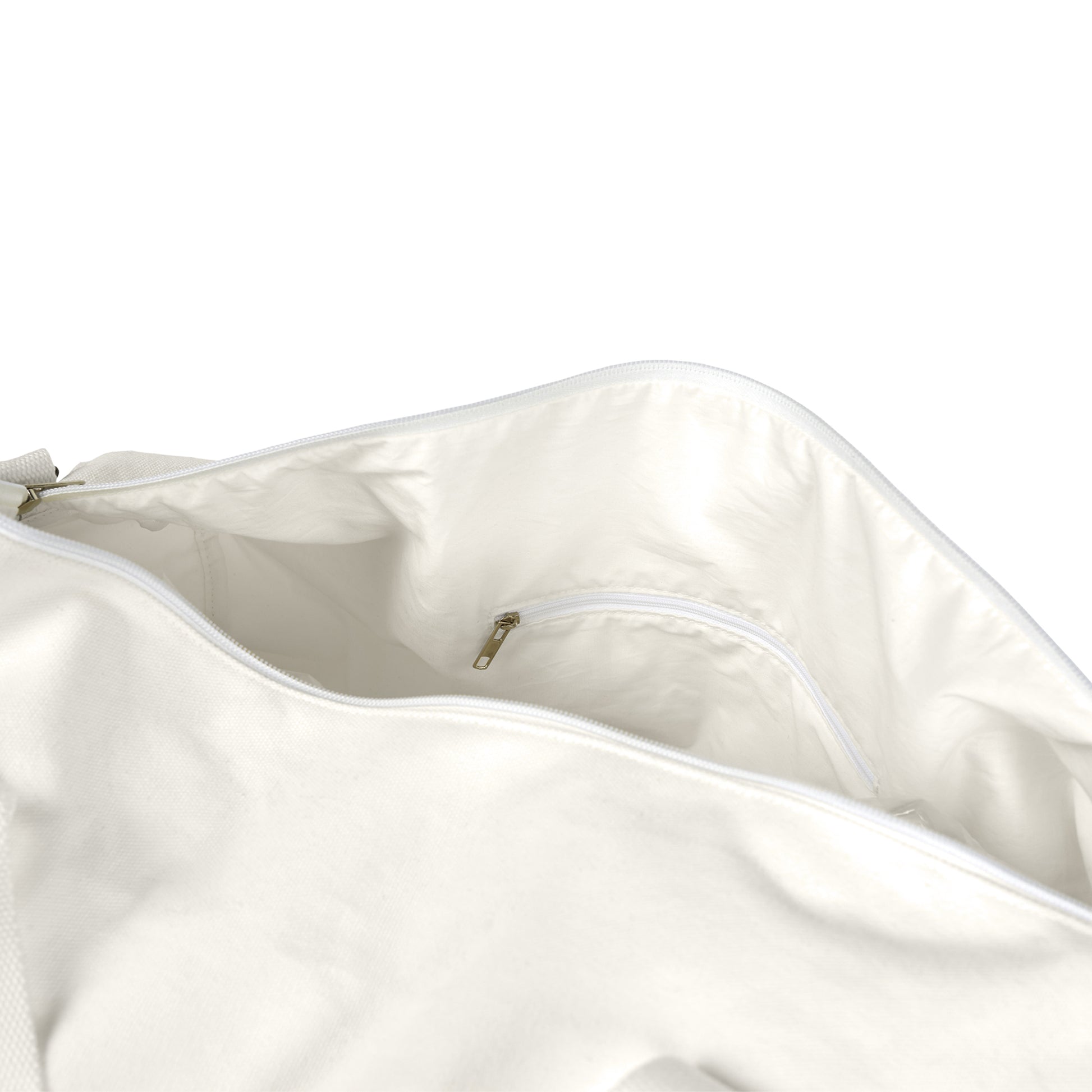 Close-up of a white satin bag with a zipper on a white background