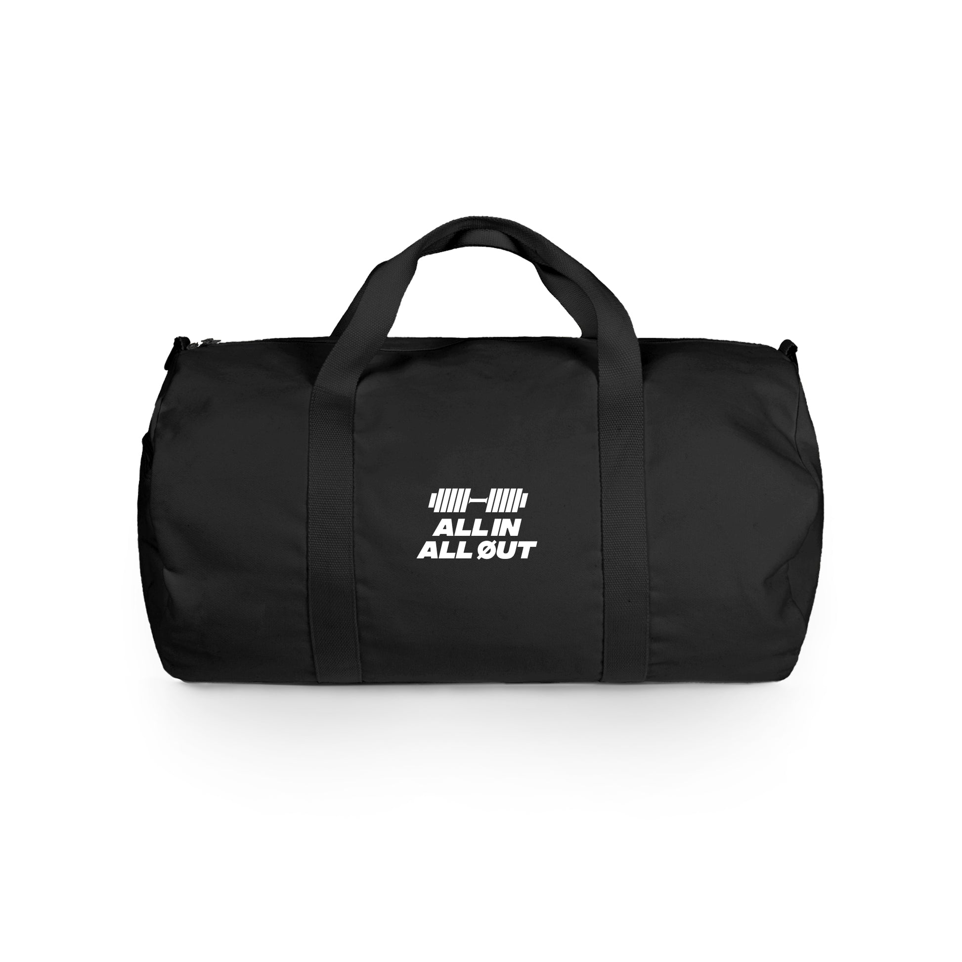 Black duffel bag with 'All In All Out' text on a white background