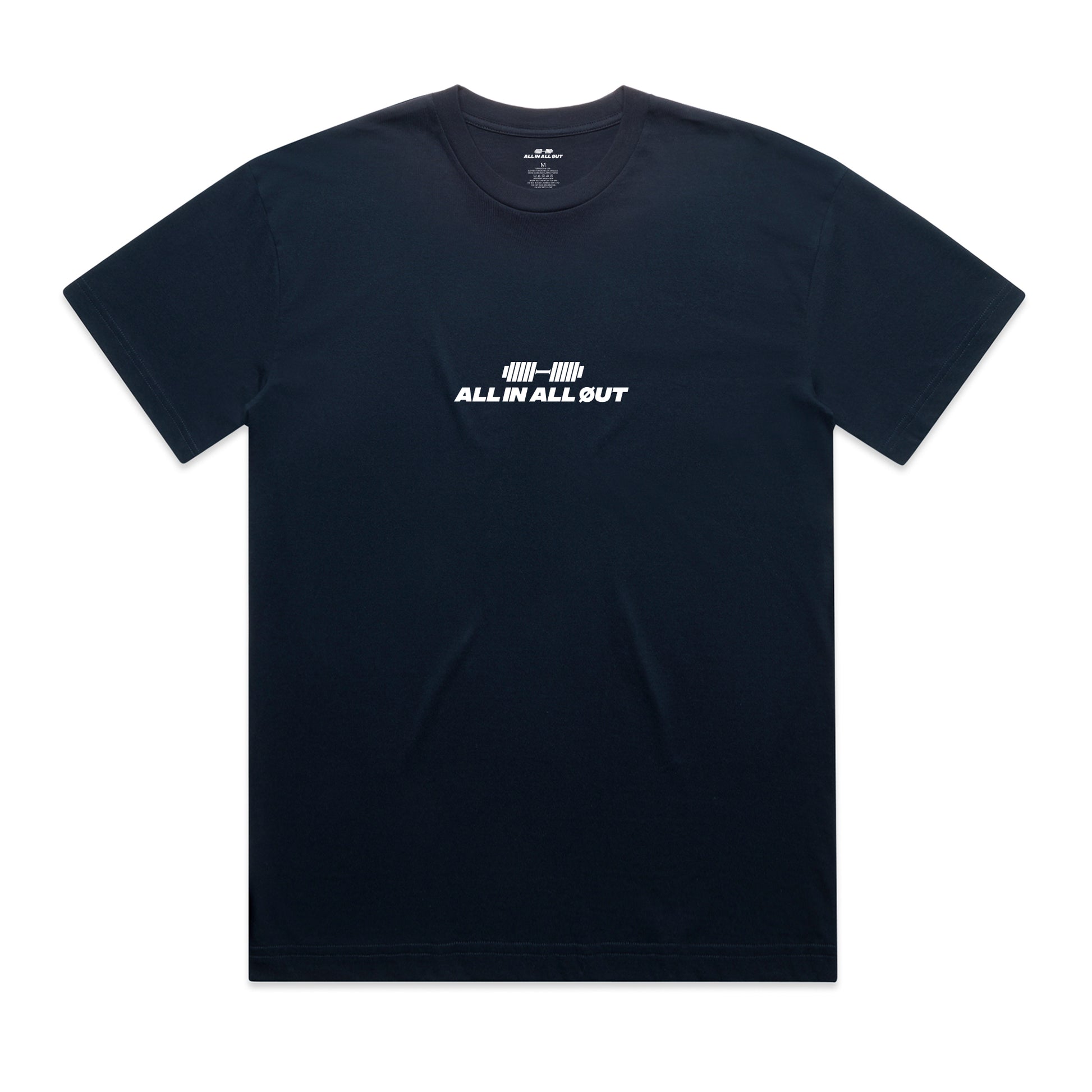 Navy t-shirt with 'All In All Out' logo on a white background