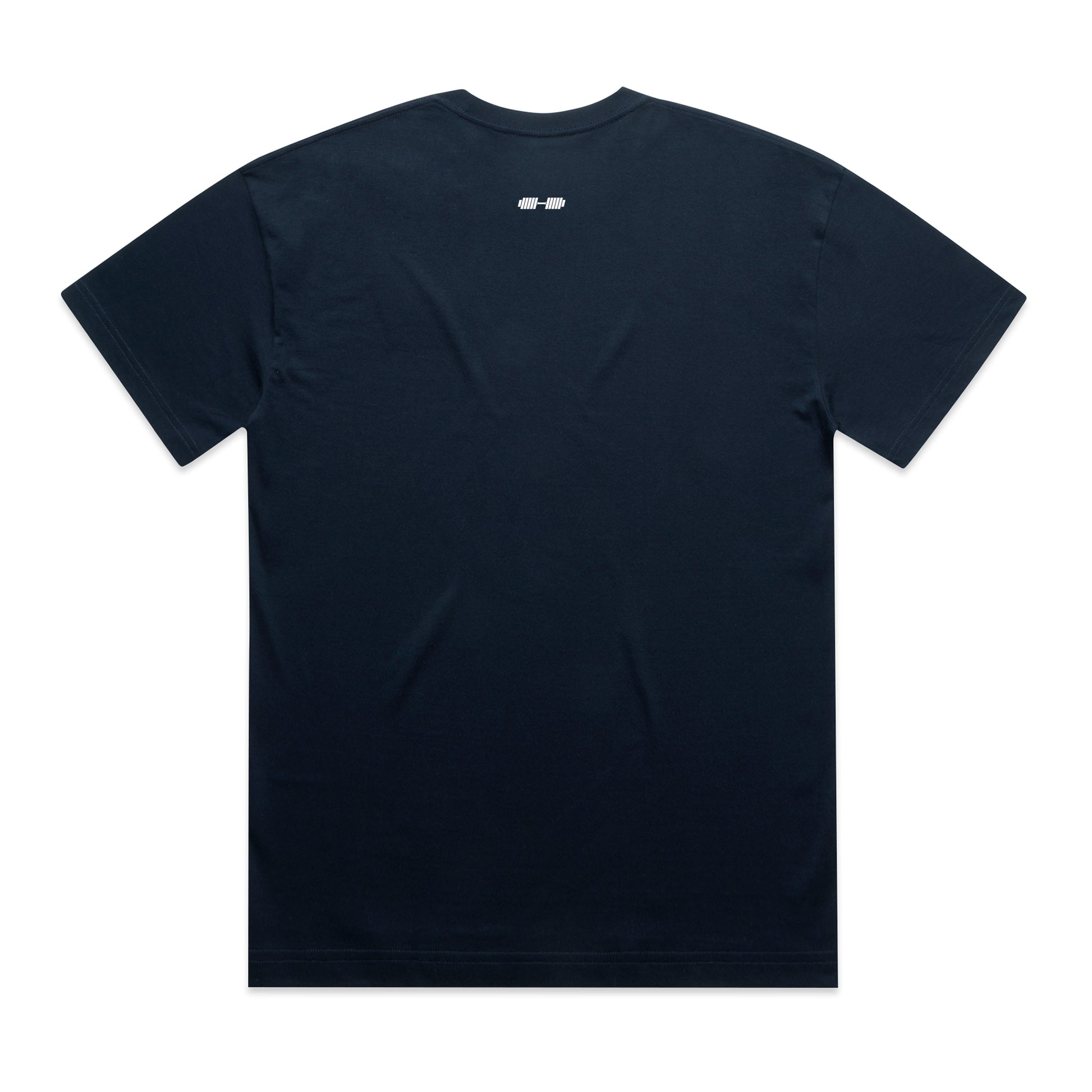 Navy t-shirt with a small white logo on the back against a white background