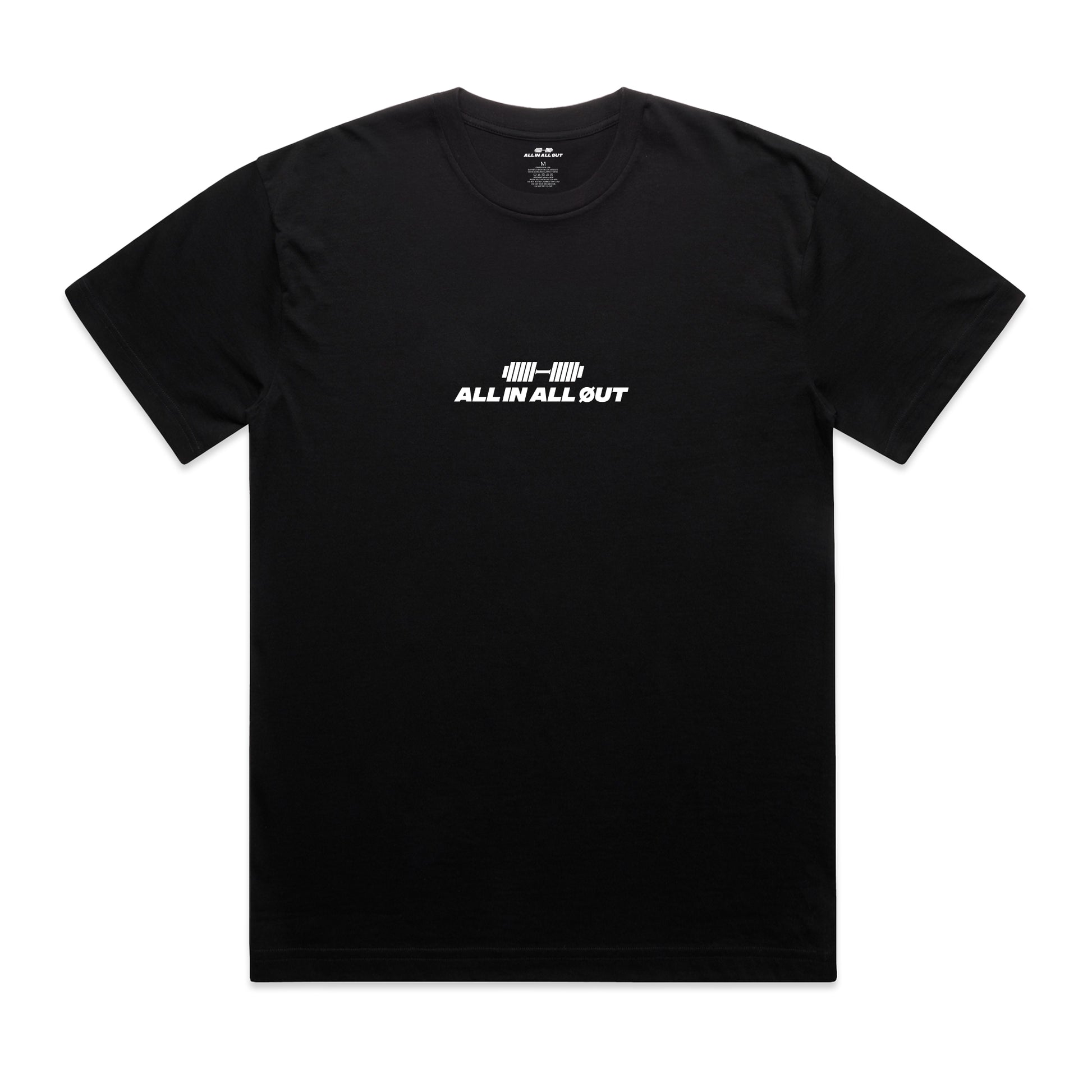 Black t-shirt with 'ALL IN ALL OUT' text on a white background