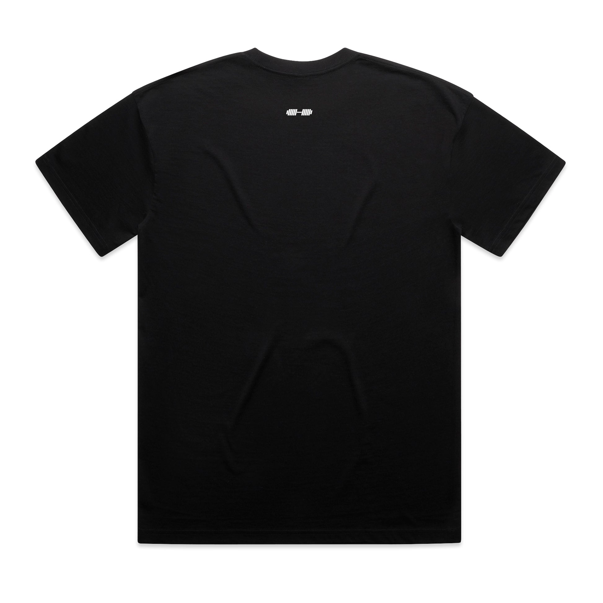 Black t-shirt with a small white logo on the back against a white background