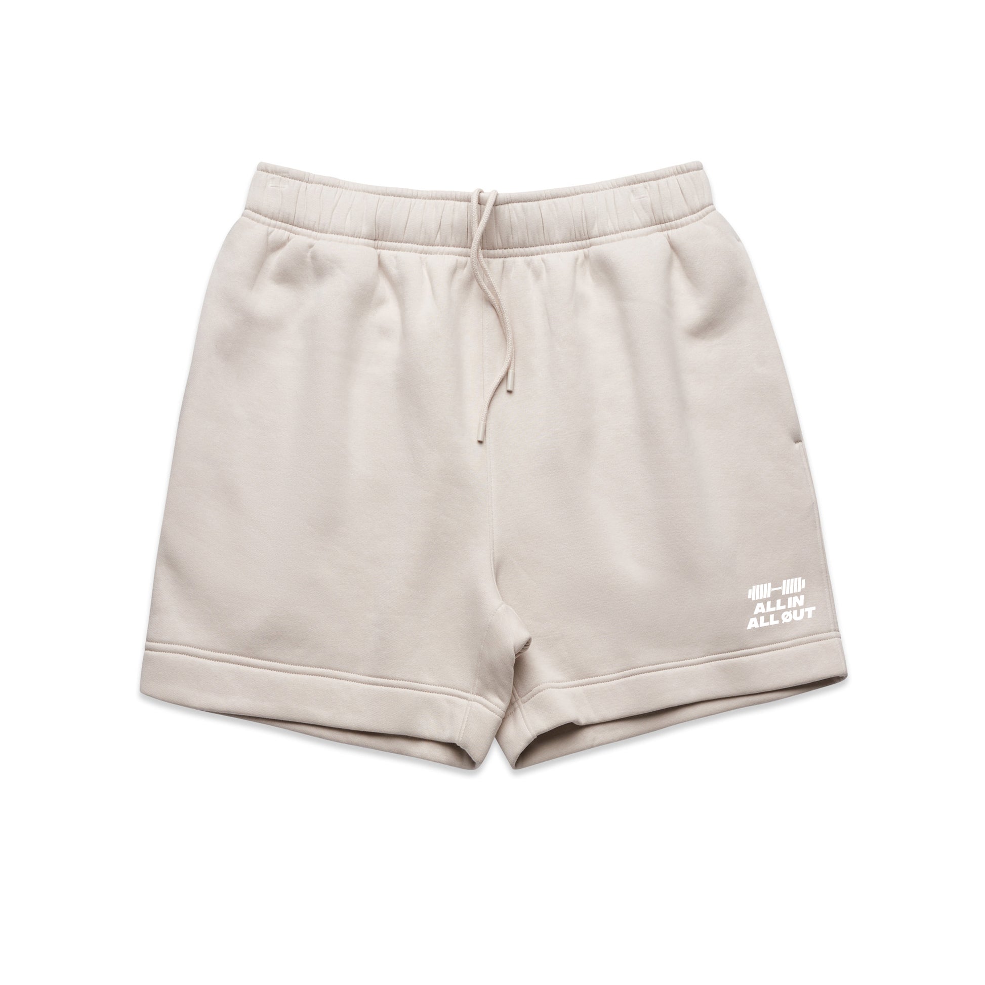 Beige shorts with a logo on a white background