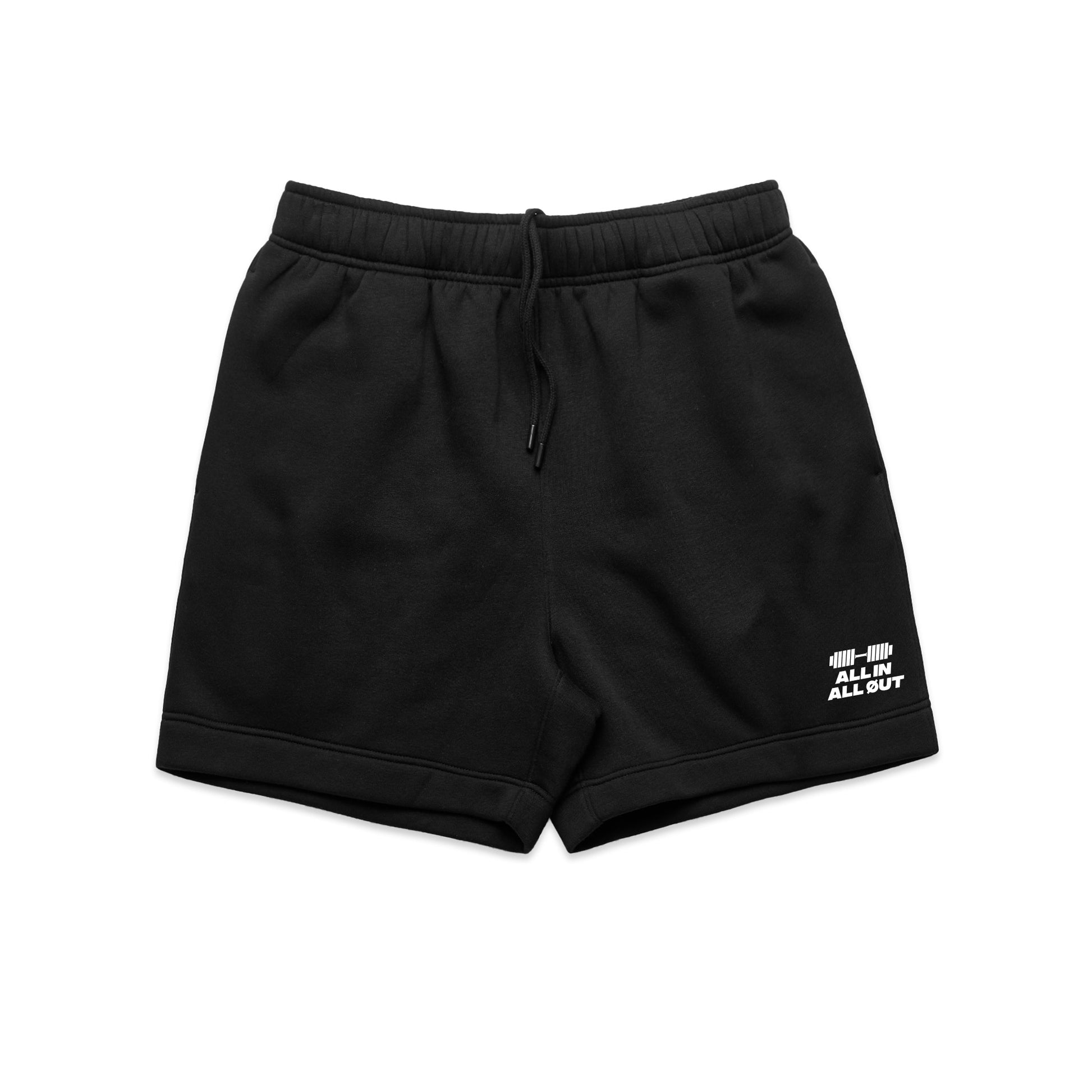 Black shorts with a white logo on a white background
