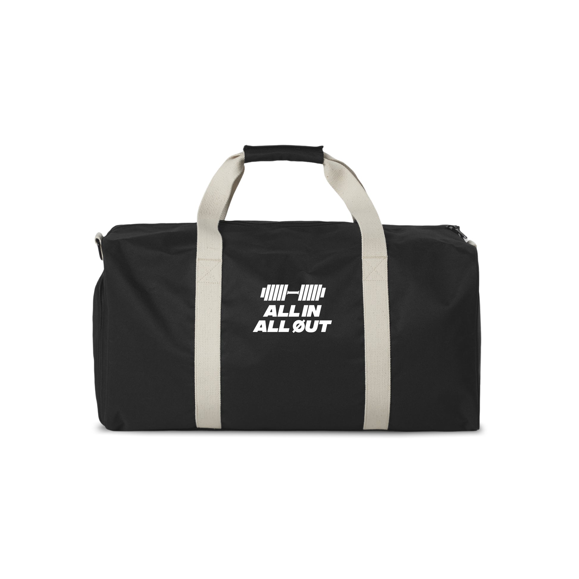 Black duffel bag with 'ALL IN ALL OUT' text on a white background
