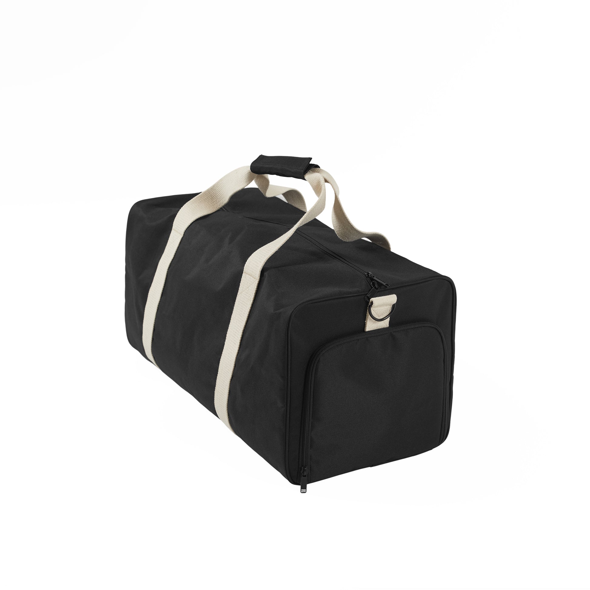 Black duffel bag with white straps on a white background