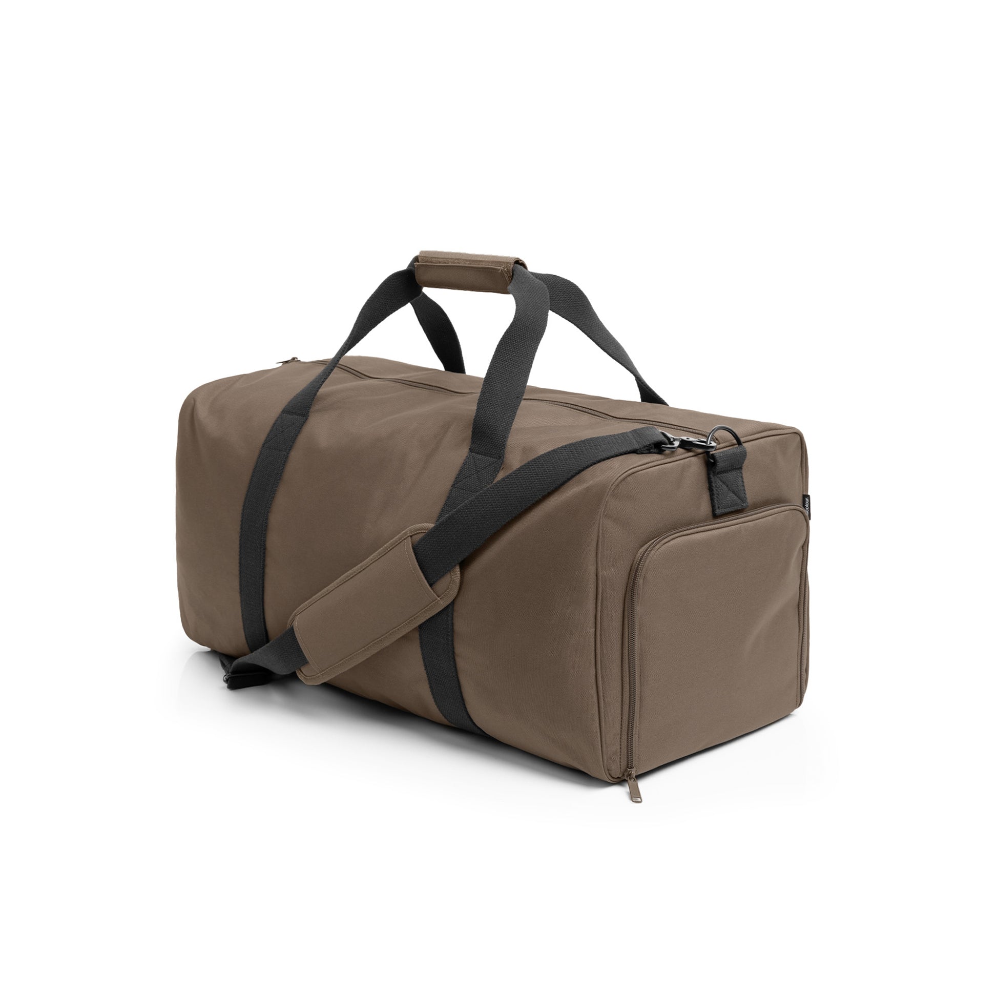 Brown duffel bag with black straps on a white background