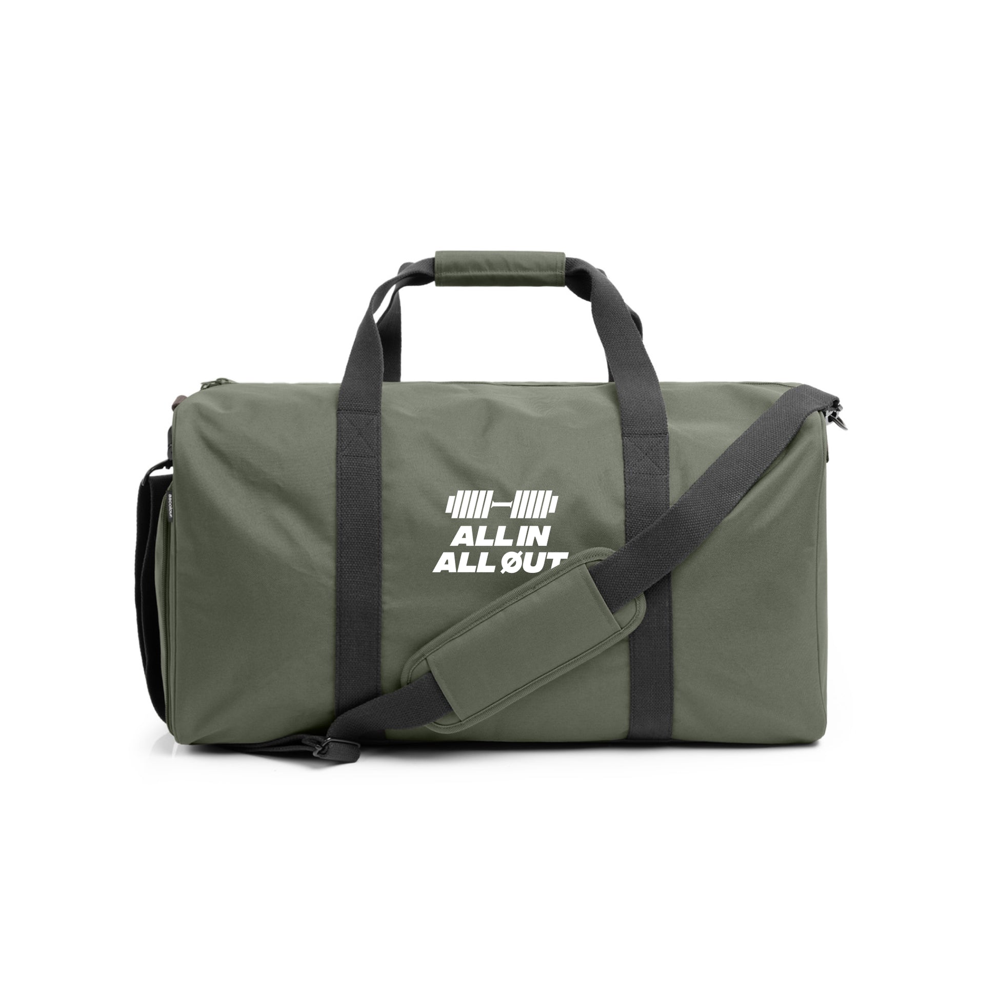 Green duffel bag with 'All In All Out' logo on a white background